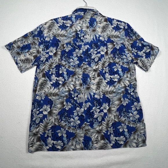 FU DA 100% Silk Size PL Button Up‎ Short Sleeve Blouse Top Blue Hawaiian Floral - Picture 3 of 14